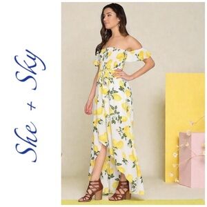 Off Shoulder Lemon Print Hi-Low Ruffle Sun Dress